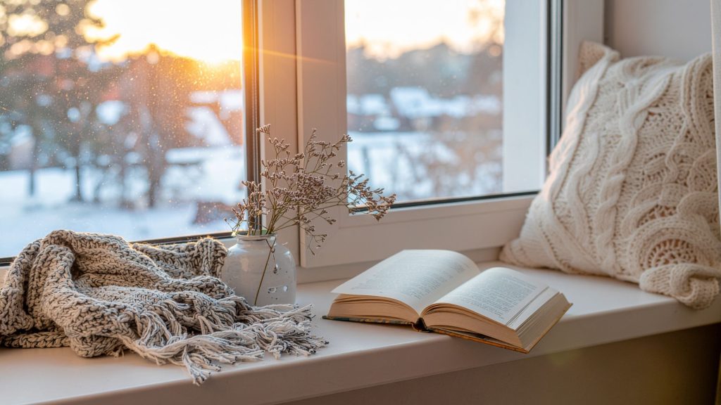 calming environment at home with open book for self-care ideas